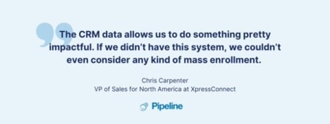 Customer testimonial from Chris Carpenter, VP of Sales at XpressConnect, emphasizing the impact of Pipeline CRM on mass enrollment and operational efficiency.