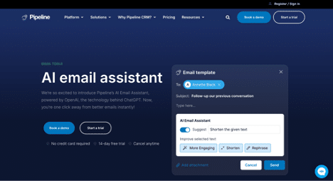 A screenshot showcasing the AI email assistant in Pipeline CRM, designed to enhance and refine sales email templates.
