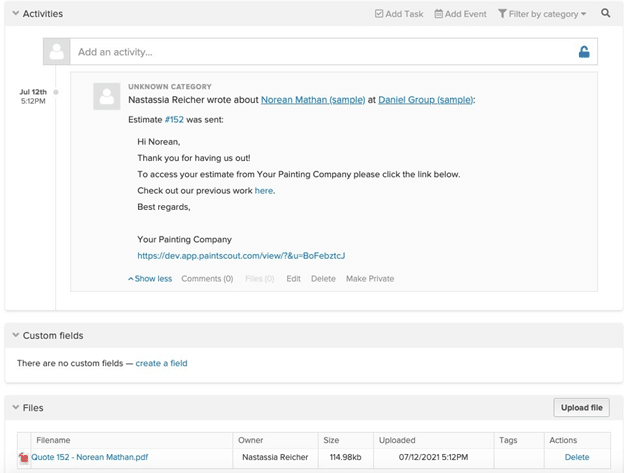 Screenshot of a CRM activity log showing a follow-up email sent to a potential client with a quote attached.