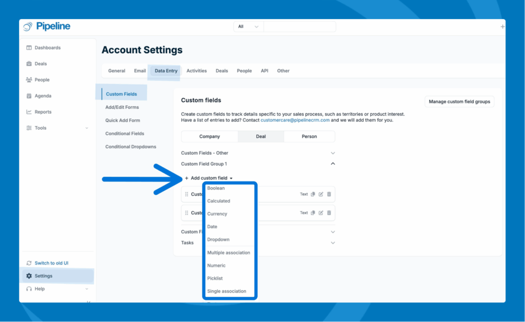 custom data fields on Pipeline CRM