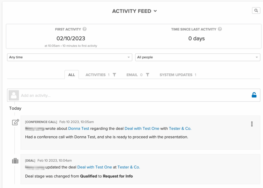 Deal activity feed on Pipeline CRM