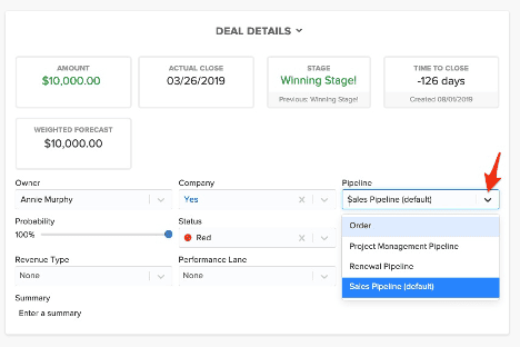 Screenshot of the deal details page in Pipeline CRM, including deal amount, stage, probability, and pipeline selection options.