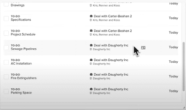 Screenshot of a deal tracking interface in Pipeline CRM, highlighting ongoing projects and task management features.