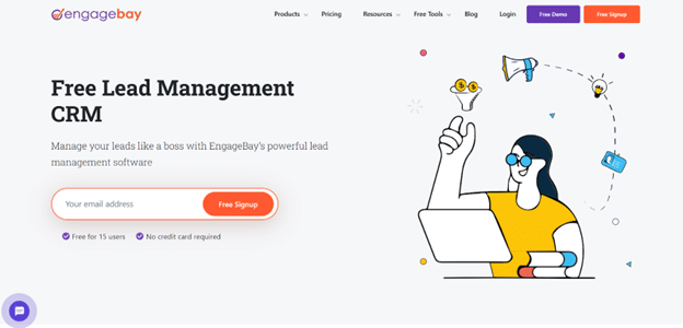 EngageBay homepage promoting its free lead management CRM with signup and email tracking tools.