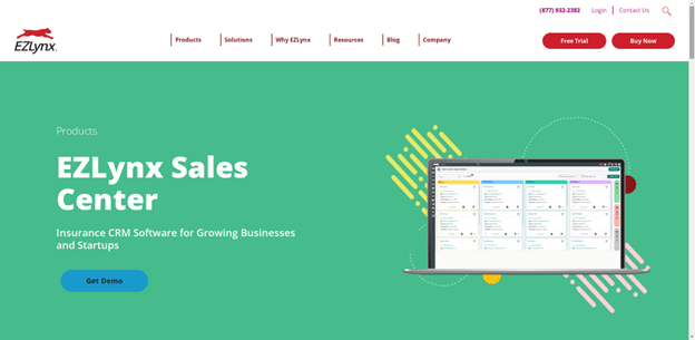 EZLynx Sales Center interface offering CRM tools for growing insurance businesses and startups