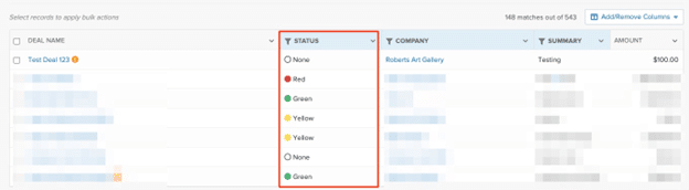 Screenshot of a CRM system filtering bids based on status categories such as red, green, and yellow.