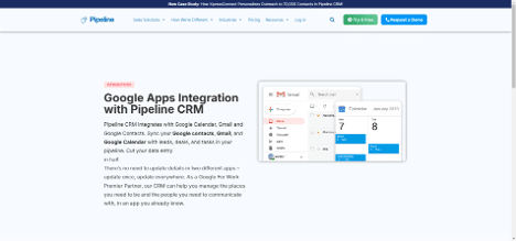 Google Apps integration with Pipeline CRM showcasing features to sync Gmail, Google Calendar, and Google Contacts for seamless sales management.