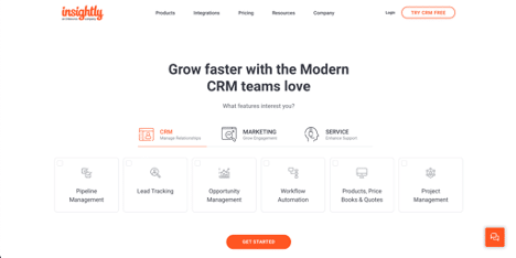 Insightly CRM homepage highlighting features such as pipeline management, lead tracking, opportunity management, and workflow automation.