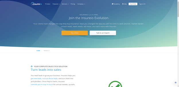 Insureio CRM homepage describing features for turning insurance leads into sales and managing policyholders