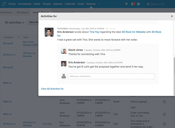 Screenshot of a CRM interface displaying internal communication between sales team members about a construction bid follow-up.