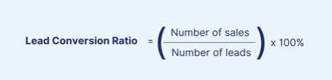 Formula for calculating lead conversion ratio: number of sales divided by number of leads, multiplied by 100%.