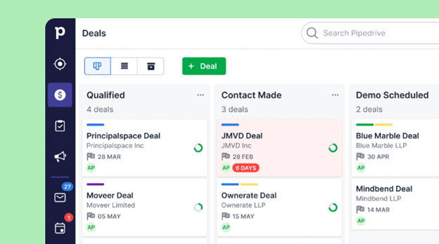Screenshot of Pipedrive CRM showing sales pipeline with categorized deal stages, including qualified leads, contact made, and demo scheduled.