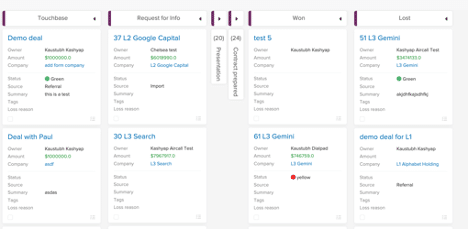 Screenshot of Pipeline CRM's deal management board, showing deal stages like Touchbase, Request for Info, Won, and Lost with key deal details.