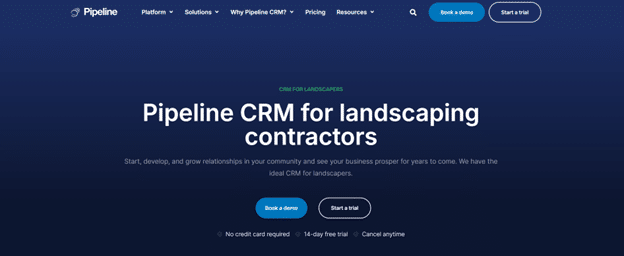 Screenshot of Pipeline CRM homepage highlighting CRM features for landscaping contractors