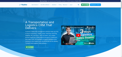 Pipeline CRM homepage showcasing its features for logistics and transportation companies, including sales management and customer relationship tracking.