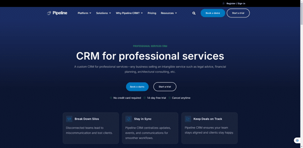 Screenshot of Pipeline CRM homepage for professional services including legal, financial, and consulting industries