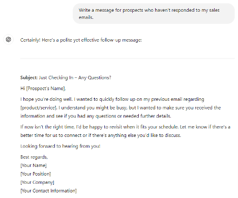 A sample email to politely follow up with prospects who haven’t responded, emphasizing engagement without pressure.