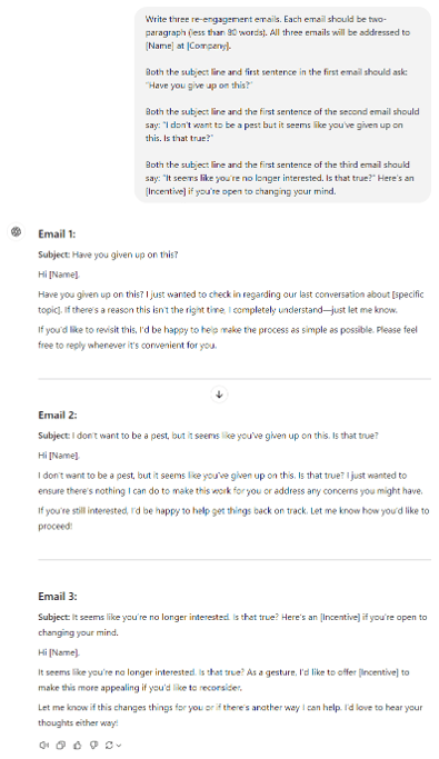 A three-email series template designed to re-engage sales leads with personalized messages and gentle nudges.