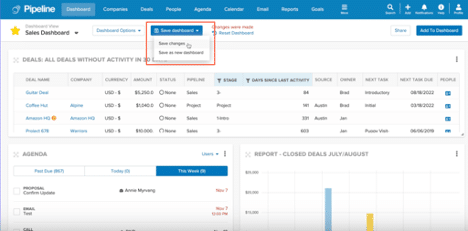 Screenshot of Pipeline CRM showing options to save dashboard settings, including saving changes or creating a new dashboard.