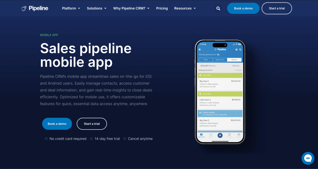 Sales pipeline mobile app from Pipeline CRM