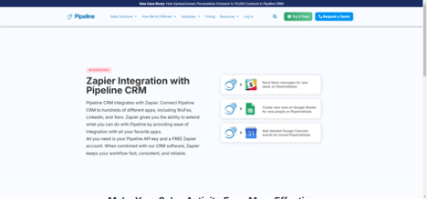 Zapier integration with Pipeline CRM enabling connections to hundreds of apps, automating workflows for efficient sales processes.
