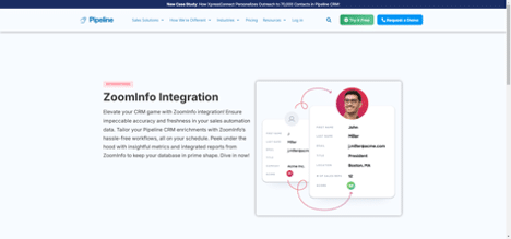 ZoomInfo integration with Pipeline CRM displaying features for accurate sales data, lead management, and sales automation.
